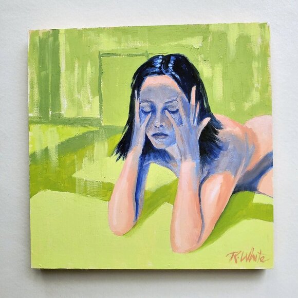 “Dread” Original Oil Painting by Robin White - Oil on Wood Panel 10x10x.75" - Picture 2 of 7
